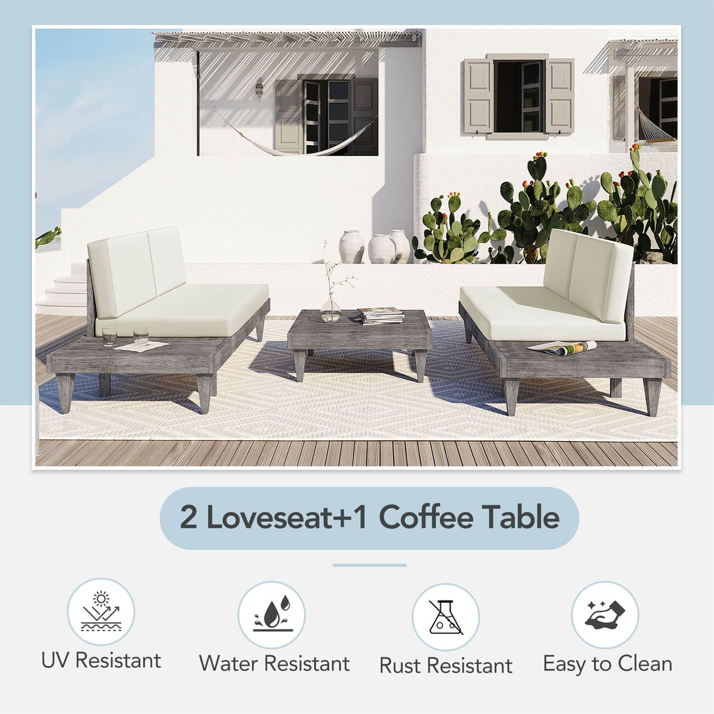 Outdoor 3-Piece Solid Wood Sectional Sofa Set with Coffee Table Conversation Set