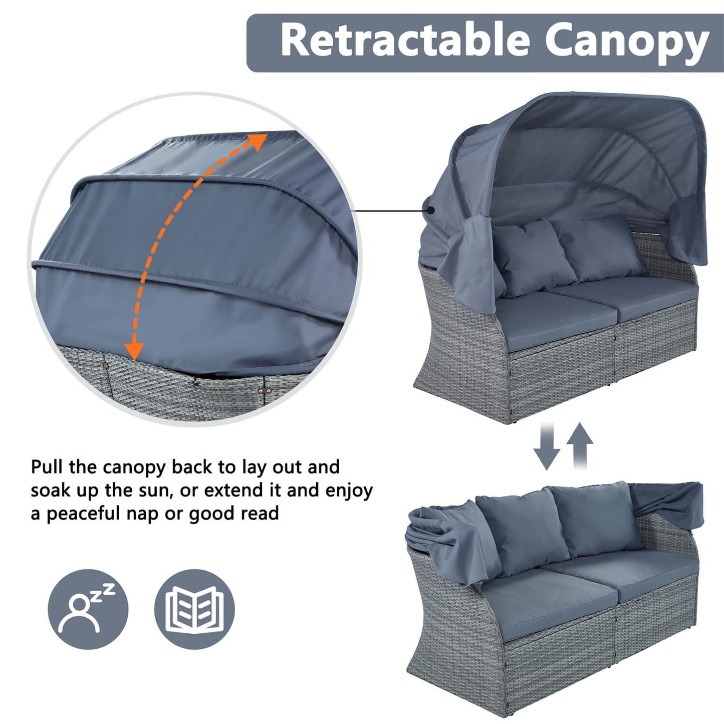 U-Style-Daybed-Sunbed-with-Retractable-Canopy-WY000309AAK U-Style Outdoor Patio Daybed Sunbed with Retractable Canopy#color_gray