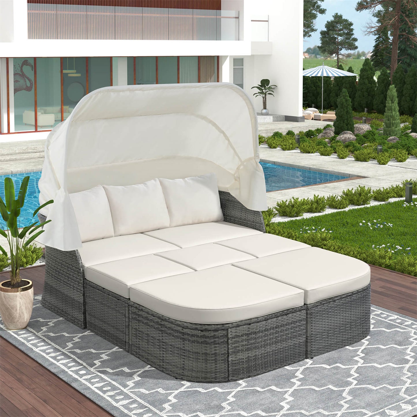 U-Style Outdoor Patio Daybed Sunbed with Retractable Canopy#color_beige