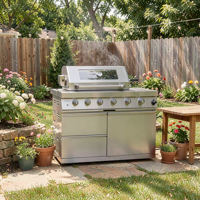 Cherylife 46-Inch 6-Burner 85,000 BTU Gas Grill Island – Stainless Steel Outdoor Kitchen with Rotisserie, Granite Countertops, Storage & ETL Certification