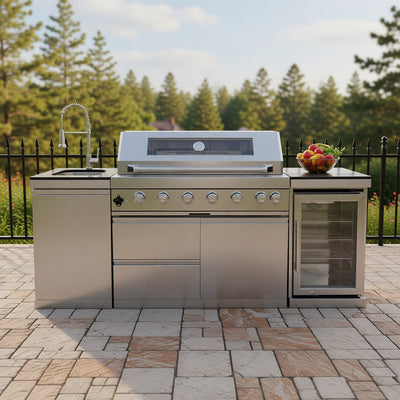 CheryLife 85-inch 6-Burner 85K BTU All-in-One Outdoor Kitchen Island Grill – Built-in Wine Cooler & Fridge, Granite Countertop