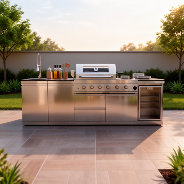 CheryLife 104-Inch 4-Burner 72000 BTU Outdoor Kitchen Island Gas Grill, Stainless Steel Built-in BBQ with Wine Cooler Refrigerator Rotisserie Granite Countertop Storage Cabinets Drawers