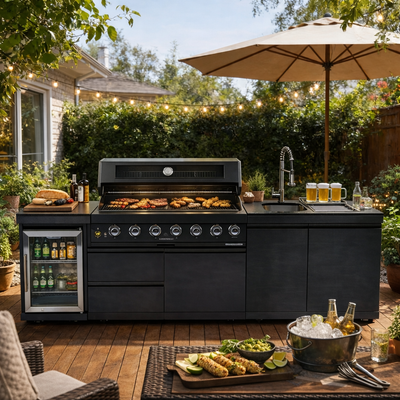 CheryLife 85-Inch 6-Burner 85000 BTU Outdoor Kitchen Island – Stainless Steel Gas Grill with Refrigerator & Sink