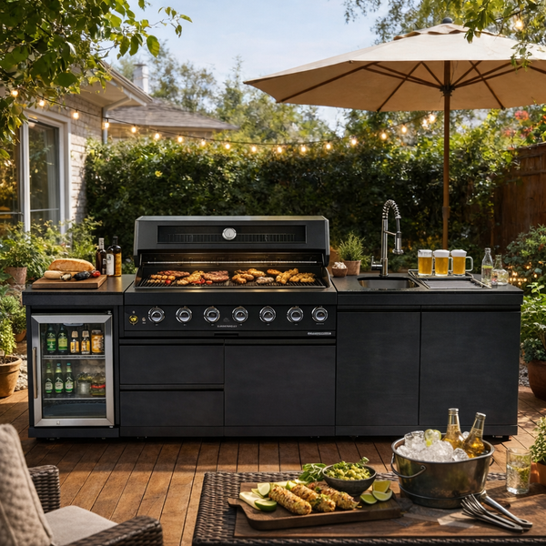 CheryLife 43-Inch 6-Burner 85000 BTU Deluxe Stainless Steel Gas Outdoor Kitchen Bar Barbecue Island Grill + Wine Cooler Compact Refrigerator + Rotisserie kit + Granite Countertops + Stainless steel Sink