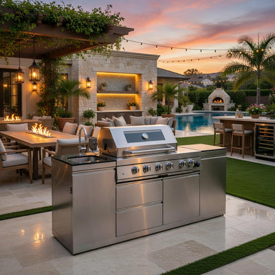 CheryLife Outdoor Kitchen Island 85-Inch 4-Burner Gas Grill with Refrigerator & Sink – 72000 BTU Stainless Steel Prefab Modular BBQ Island with Granite Countertop Rotisserie