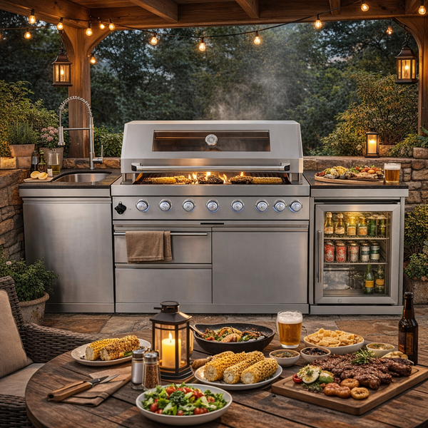 CheryLife All-in-One Outdoor Kitchen Island 85" – 85000 BTU Gas Grill with Built-in Refrigerator, Wine Cooler, Rotisserie & Granite Countertops