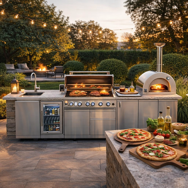 CheryLife 128-Inch Outdoor Kitchen Island - 120K BTU Gas BBQ Grill + Pizza Oven + Wine Cooler & Fridge - Stainless Steel