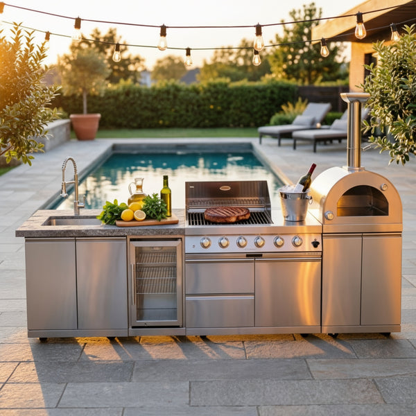 CheryLife 125-Inch 108000- BTU Double Stainless Steel Gas Outdoor Kitchen Bar Barbecue Island Grill+ Pizza oven + Wine Cooler Compact Refrigerator + Rotisserie + Granite Countertops + Storage Cabinets & Drawers