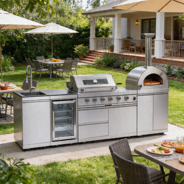 CheryLife 112-Inch 108000- BTU Double Stainless Steel Gas Outdoor Kitchen Bar Barbecue Island Grill+ Pizza oven + Wine Cooler Compact Refrigerator + Rotisserie + Granite Countertops + Storage Cabinets & Drawers