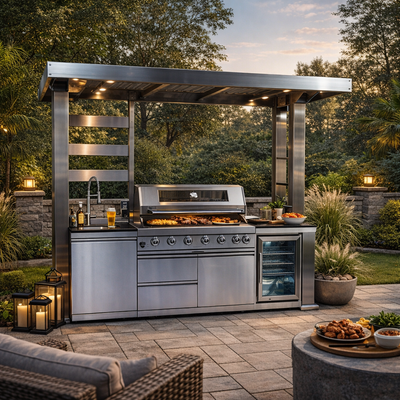 CheryLife 94-Inch 6-Burner 85000 BTU Outdoor Kitchen Gas Grill - 304 Stainless Steel BBQ Island with Wine Cooler, Fridge, Granite Countertops & Rotisserie