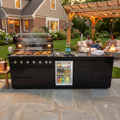 Cherylife 85-Inch 4-Burner 72,000 BTU Gas Grill Island – Outdoor Kitchen with Wine Cooler, Refrigerator, Rotisserie, Granite Countertops & Sink
