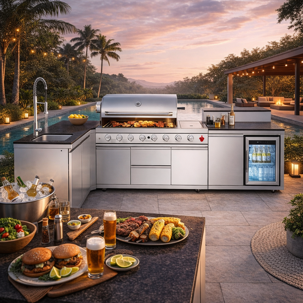 Outdoor Kitchen Island 95.8 Inch 6+1 Burner Propane Gas BBQ Grill 95500 BTU 304 Stainless Steel Silver Color With CSA, ETL Certification + Sink + Refrigerator + Bar Table
