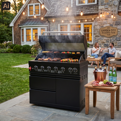 Cherylife 43-Inch 6-Burner Propane Gas Grill – 85,000 BTU Black Stainless Steel Outdoor Kitchen Island with Side Burner & Storage