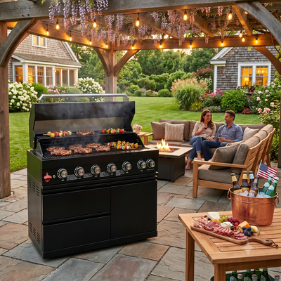 Cherylife 43-Inch 6-Burner Natural Gas Grill – 85,000 BTU Stainless Steel Outdoor Kitchen Island with Side Burner, Rotisserie, Storage