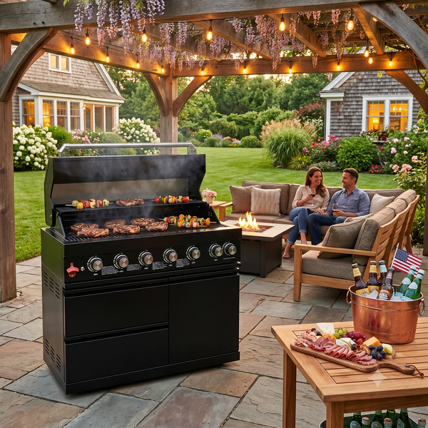 Cherylife 43-Inch 6-Burner Natural Gas Grill – 85,000 BTU Stainless Steel Outdoor Kitchen Island with Side Burner, Rotisserie, Storage