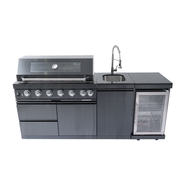 CheryLife 82-Inch 6-Burner 85000 BTU Propane Gas Outdoor Kitchen Island Grill – All-in-One Prefab BBQ Station with Wine Cooler, Compact Refrigerator, Rotisserie Kit, Granite Countertops & Stainless Steel Sink
