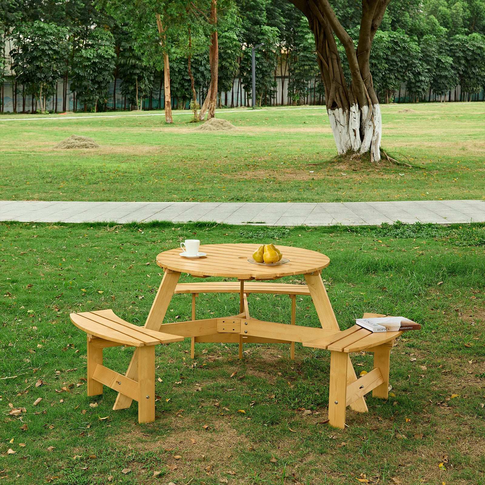 Portable Tangkula Person Cedar Wood Outdoor Round Picnic Table