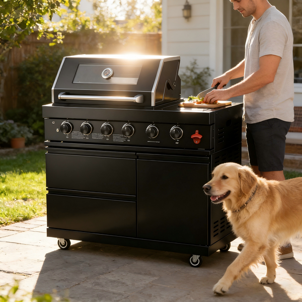 Cherylife 46-Inch 4-Burner Black Stainless Steel Outdoor Kitchen Island Grill – Natural Gas, Side Burner, Modular Design