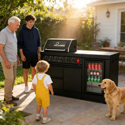Cherylife 65-Inch 4-Burner 72,000 BTU Propane Gas Grill Island – Outdoor Kitchen with Wine Cooler, Refrigerator, Marble Countertops, Storage & Modular Design