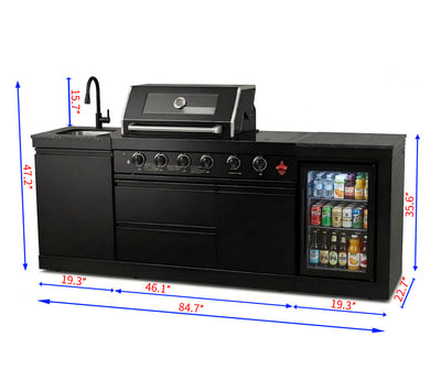 Cherylife 85-Inch 4-Burner 72,000 BTU Propane Gas Grill Island – Outdoor Kitchen with Wine Cooler, Refrigerator, Rotisserie, Marble Countertops & Sink