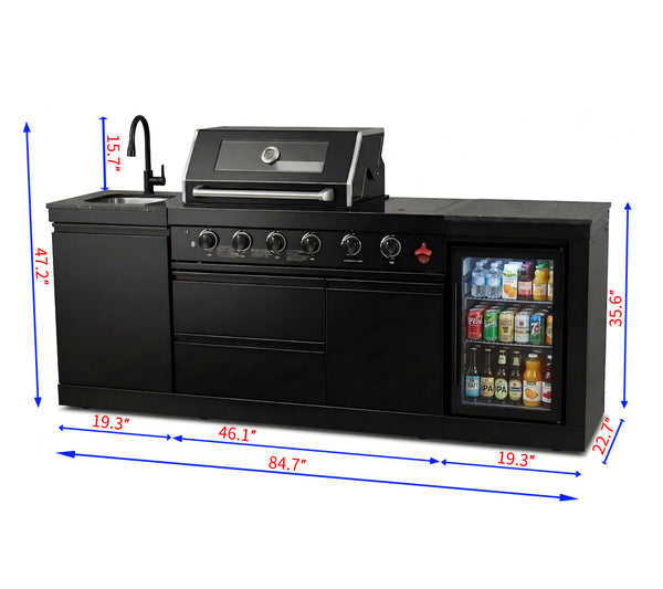 Cherylife 85-Inch 4-Burner 72,000 BTU Propane Gas Grill Island – Outdoor Kitchen with Wine Cooler, Refrigerator, Rotisserie, Marble Countertops & Sink