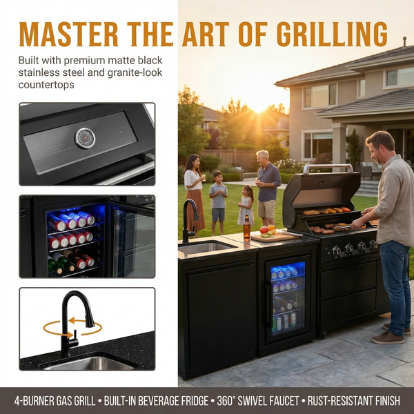 Cherylife 104-Inch 4-Burner 72,000 BTU Propane Gas Grill Island – Outdoor Kitchen with Wine Cooler, Refrigerator, Marble Countertops, Rotisserie & Sink