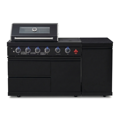Cherylife 65-Inch 4-Burner 72,000 BTU Propane Gas Grill Island – Outdoor Kitchen with Round Side Burner, Marble Countertops, Rotating Blue Laser Light & Storage