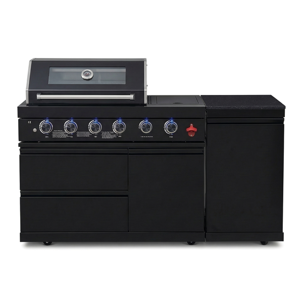 Cherylife 65-Inch 4-Burner 72,000 BTU Propane Gas Grill Island – Outdoor Kitchen with Round Side Burner, Marble Countertops, Rotating Blue Laser Light & Storage