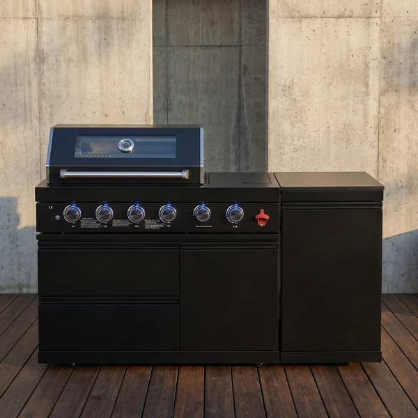 Cherylife 65-Inch 4-Burner 72,000 BTU Propane Gas Grill Island – Outdoor Kitchen with Round Side Burner, Marble Countertops, Rotating Blue Laser Light & Storage