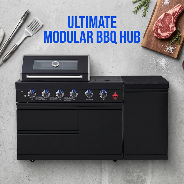 Cherylife 65-Inch 4-Burner 72,000 BTU Propane Gas Grill Island – Outdoor Kitchen with Round Side Burner, Marble Countertops, Rotating Blue Laser Light & Storage