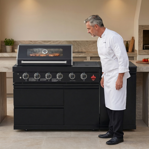 Cherylife 65-Inch 4-Burner 72,000 BTU Propane Gas Grill Island – Outdoor Kitchen with Round Side Burner, Marble Countertops, Rotating Blue Laser Light & Storage