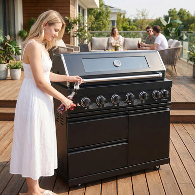 Cherylife 43-Inch 6-Burner Natural Gas Grill – 85,000 BTU Stainless Steel Outdoor Kitchen Island with Side Burner, Rotisserie, Storage