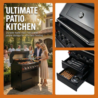 Cherylife 43-Inch 6-Burner Natural Gas Grill – 85,000 BTU Stainless Steel Outdoor Kitchen Island with Side Burner, Rotisserie, Storage
