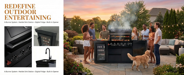 Cherylife 82-Inch 6-Burner 85,000 BTU Deluxe Gas Grill Island – Outdoor Kitchen with Wine Cooler, Refrigerator, Rotisserie, Marble Countertops & Sink