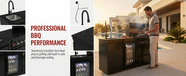 Cherylife 82-Inch 6-Burner 85,000 BTU Deluxe Gas Grill Island – Outdoor Kitchen with Wine Cooler, Refrigerator, Rotisserie, Marble Countertops & Sink