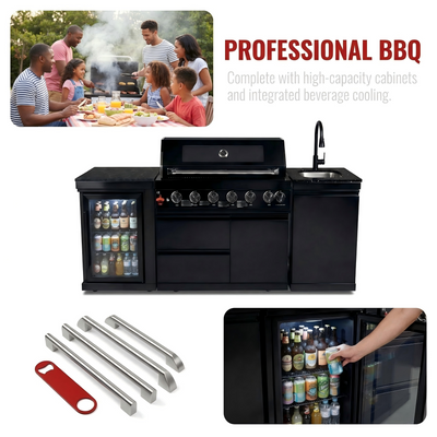 Cherylife 82-Inch 6-Burner 85,000 BTU Deluxe Gas Grill Island – Outdoor Kitchen with Wine Cooler, Refrigerator, Rotisserie, Marble Countertops & Sink