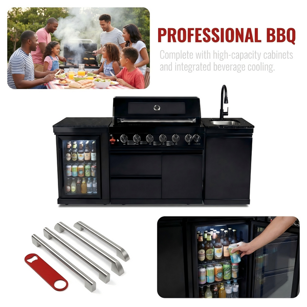 Cherylife 82-Inch 6-Burner 85,000 BTU Deluxe Gas Grill Island – Outdoor Kitchen with Wine Cooler, Refrigerator, Rotisserie, Marble Countertops & Sink
