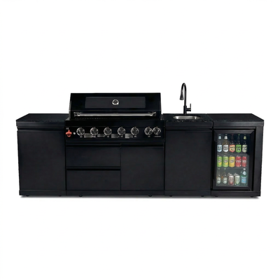 Cherylife 101-Inch 6-Burner 85,000 BTU Propane Gas Grill Island – Outdoor Kitchen with Wine Cooler, Refrigerator, Rotisserie, Marble Countertops & Sink