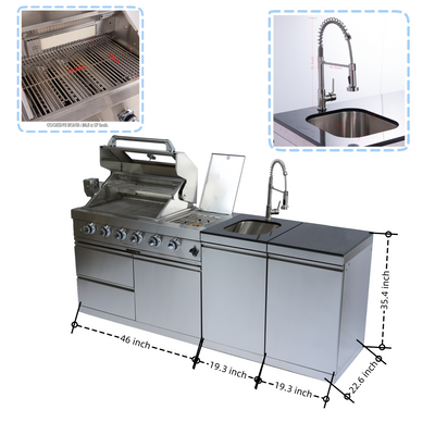 CheryLife Outdoor Kitchen Island 85-Inch 4-Burner Gas Grill with Refrigerator & Sink – 72000 BTU Stainless Steel Prefab Modular BBQ Island with Granite Countertop Rotisserie
