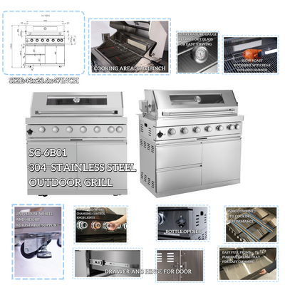 CheryLife 43-Inch 6-Burner 85000 BTU Deluxe Stainless Steel Gas Outdoor Kitchen Bar Barbecue Island Grill + Wine Cooler Compact Refrigerator + Rotisserie + Granite Countertops + Storage Cabinets & Drawers