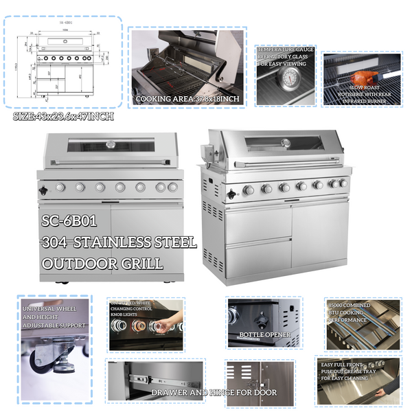 CheryLife 43-Inch 6-Burner 85000 BTU Deluxe Stainless Steel Gas Outdoor Kitchen Bar Barbecue Island Grill + Wine Cooler Compact Refrigerator + Rotisserie + Granite Countertops + Storage Cabinets & Drawers