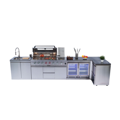 Cherylife 85-Inch 6-Burner 96,000 BTU Gas Grill Island – Outdoor Kitchen with Wine Cooler, Refrigerator, Rotisserie, Granite Countertops & Storage