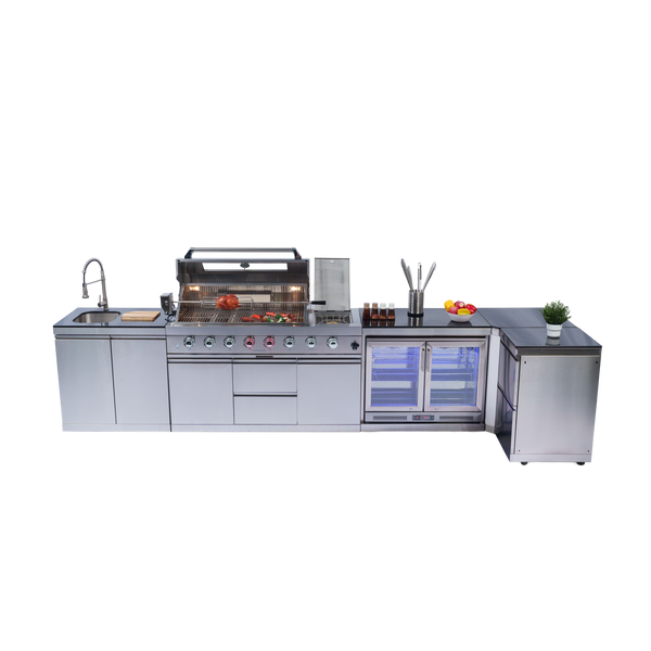 Cherylife 85-Inch 6-Burner 96,000 BTU Gas Grill Island – Outdoor Kitchen with Wine Cooler, Refrigerator, Rotisserie, Granite Countertops & Storage
