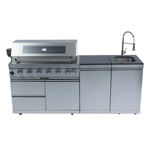 Cherylife NG 85-Inch 6-Burner 85,000 BTU Natural Gas Grill Island – Outdoor Kitchen with Rotisserie, Granite Countertops, Sink/Faucet & Storage