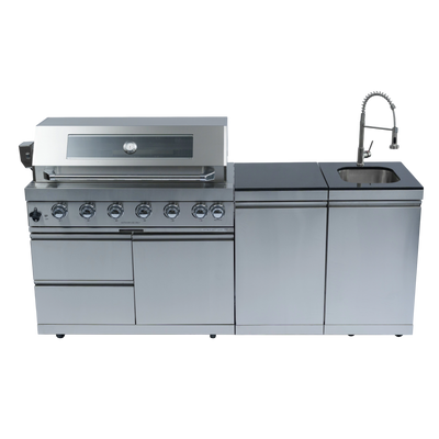Cherylife 85-Inch 6-Burner 85,000 BTU Gas Grill Island – Outdoor Kitchen with Rotisserie, Granite Countertops, Stainless Steel Sink/Faucet & Storage