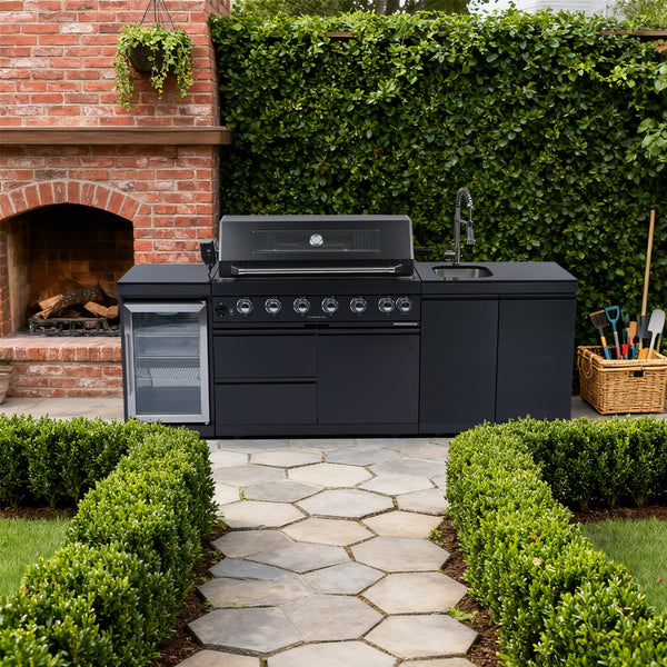 Cherylife S00042 NG 85-Inch 6-Burner 85,000 BTU Natural Gas Grill Island – Outdoor Kitchen with Refrigerator, Wine Cooler, Rotisserie & Granite Countertops