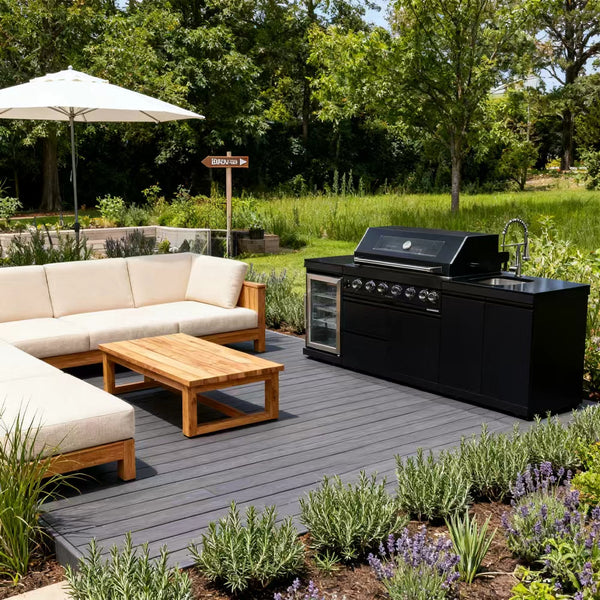 CheryLife 43-Inch 6-Burner 85000 BTU Deluxe Stainless Steel Gas Outdoor Kitchen Bar Barbecue Island Grill + Wine Cooler Compact Refrigerator + Rotisserie kit + Granite Countertops + Stainless steel Sink