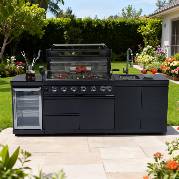 CheryLife 43-Inch 6-Burner 85000 BTU Deluxe Stainless Steel Gas Outdoor Kitchen Bar Barbecue Island Grill + Wine Cooler Compact Refrigerator + Rotisserie kit + Granite Countertops + Stainless steel Sink