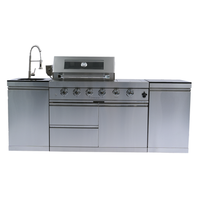 CheryLife Outdoor Kitchen Island 85-Inch 4-Burner Gas Grill with Refrigerator & Sink – 72000 BTU Stainless Steel Prefab Modular BBQ Island with Granite Countertop Rotisserie