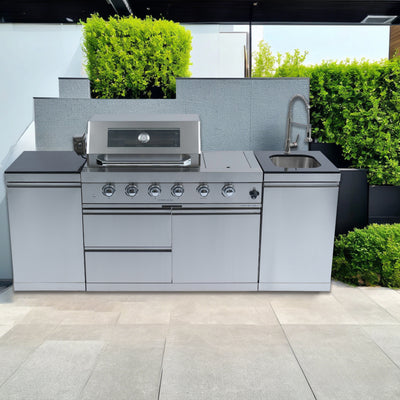 CheryLife Outdoor Kitchen Island 85-Inch 4-Burner Gas Grill with Refrigerator & Sink – 72000 BTU Stainless Steel Prefab Modular BBQ Island with Granite Countertop Rotisserie